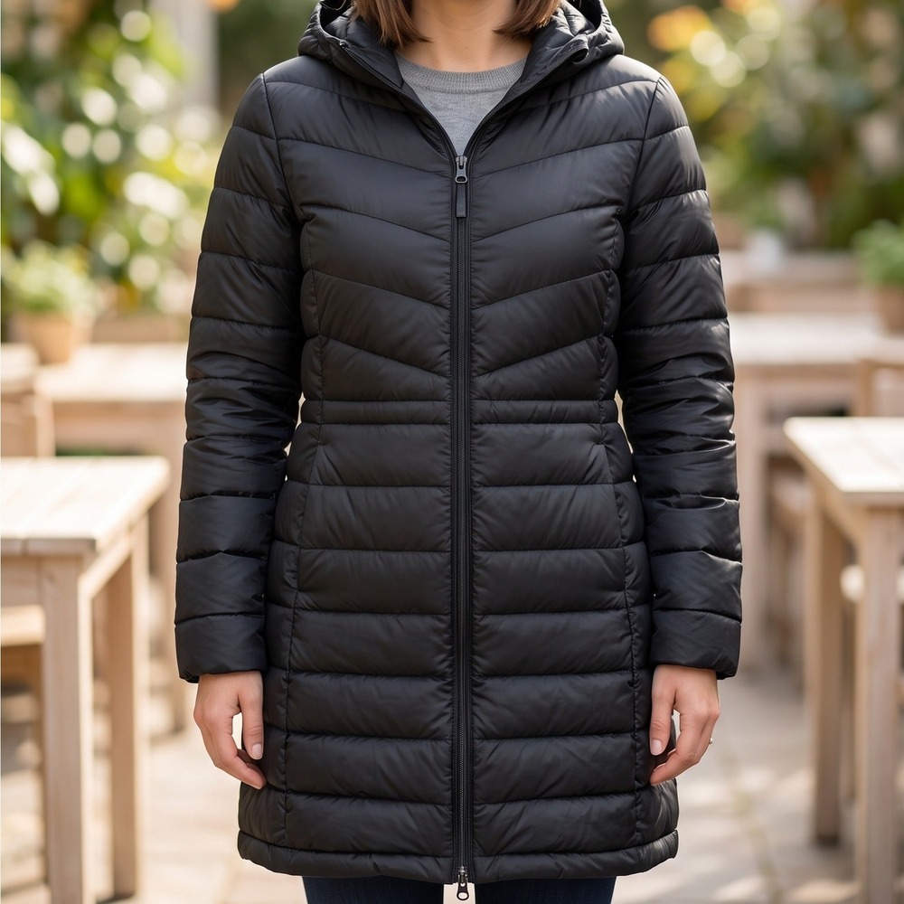 Columbia Womens Black Hooded Puffer Jacket Longline Quilted Parka Full Zip